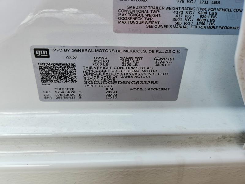63135276 :رقم المزاد ، 3GCUDGED6NG633258 vin ، 2022 Chevrolet Silverado مزاد بيع