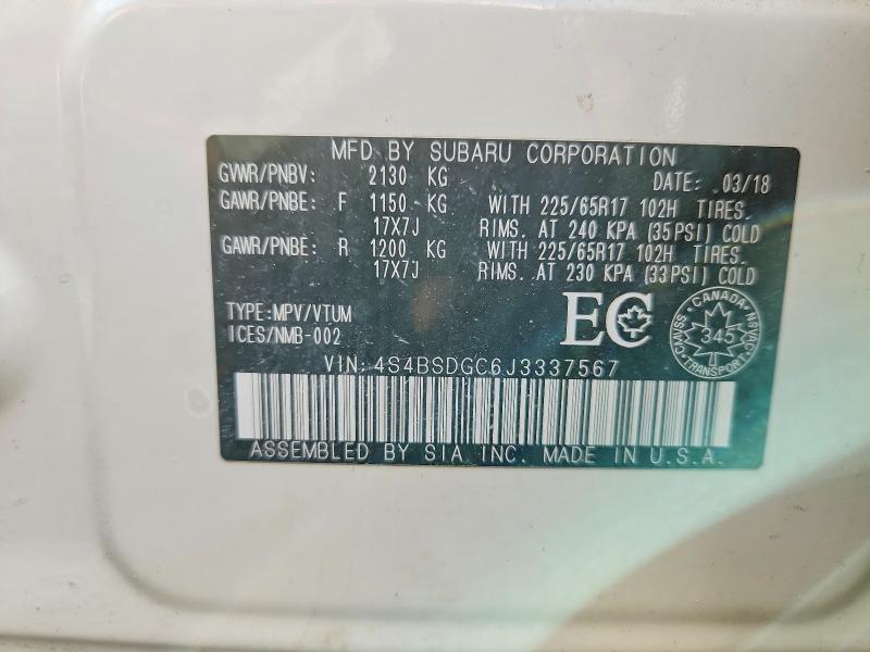 Продажа на аукционе авто 2018 Subaru Outback, vin: 4S4BSDGC6J3337567, номер лота: 66890506