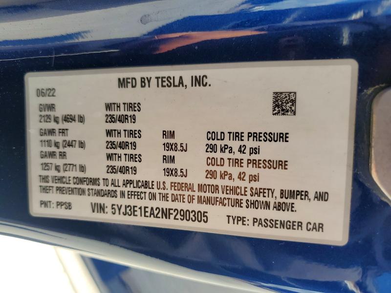 Aukcja sprzedaży 2022 Tesla Model 3, vin: 5YJ3E1EA2NF290305, numer aukcji: 63355166