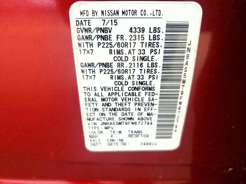 64625716 :رقم المزاد ، JN8AS5MT9FW672794 vin ، 2015 Nissan Rogue Select مزاد بيع
