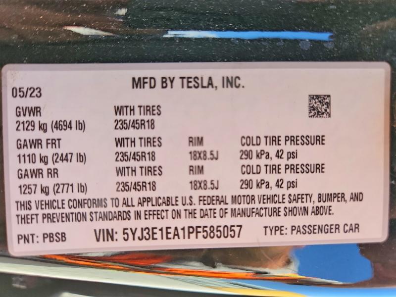 Aukcja sprzedaży 2023 Tesla Model 3, vin: 5YJ3E1EA1PF585057, numer aukcji: 65052906