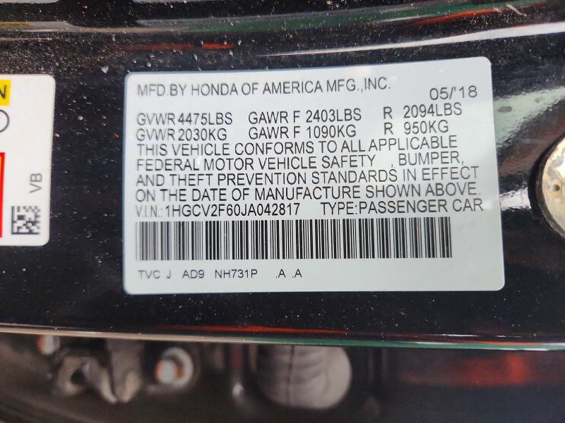 Aukcja sprzedaży 2018 Honda Accord, vin: 1HGCV2F60JA042817, numer aukcji: 67160376