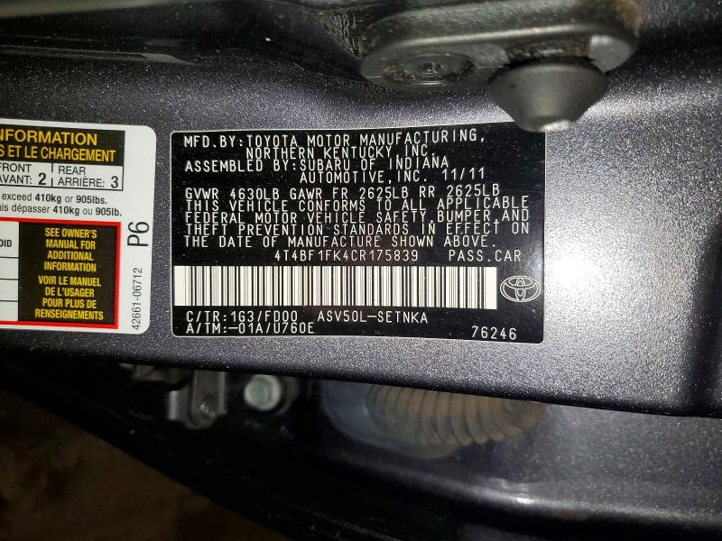 66248376 :رقم المزاد ، 4T4BF1FK4CR175839 vin ، 2012 Toyota Camry مزاد بيع