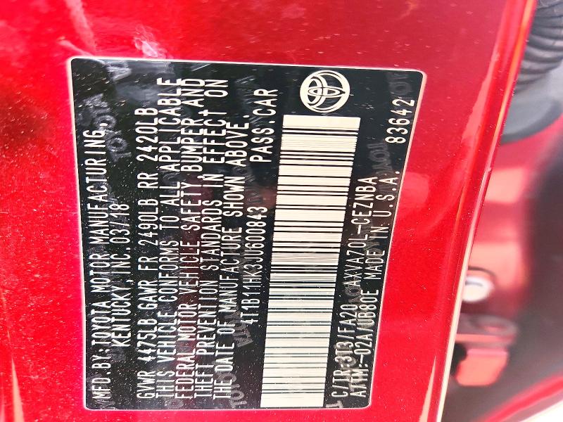 64661896 :رقم المزاد ، 4T1B11HK3JU600843 vin ، 2018 Toyota Camry مزاد بيع