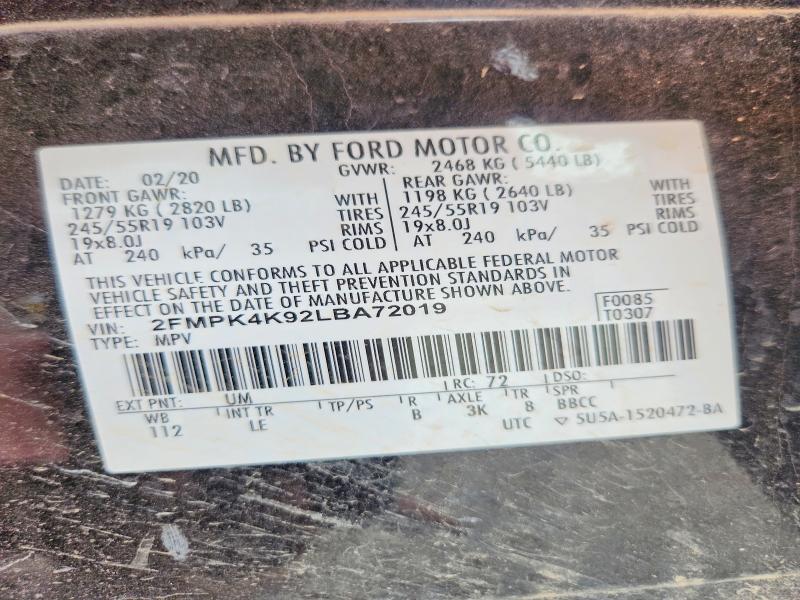 2020 Ford Edge მანქანა იყიდება აუქციონზე, vin: 2FMPK4K92LBA72019, აუქციონის ნომერი: 63932006
