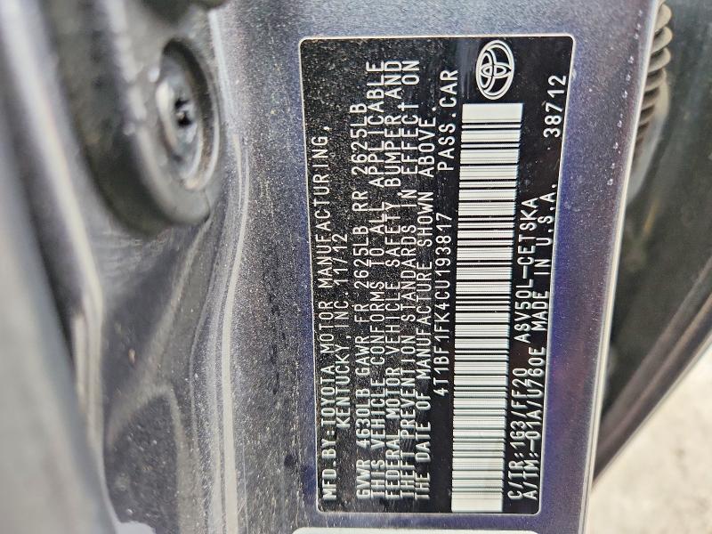 2012 Toyota Camry მანქანა იყიდება აუქციონზე, vin: 4T1BF1FK4CU193817, აუქციონის ნომერი: 64059306