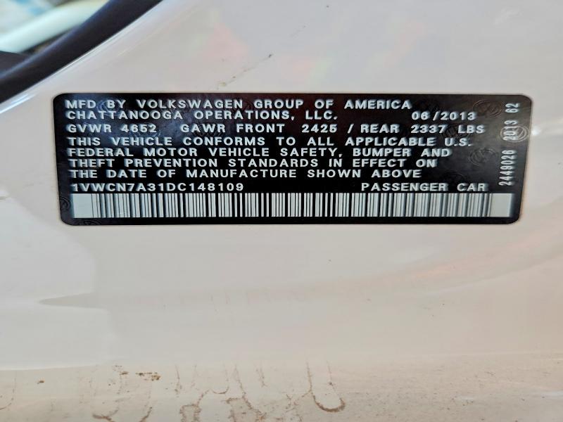 65852876 :رقم المزاد ، 1VWCN7A31DC148109 vin ، 2013 Volkswagen Passat مزاد بيع