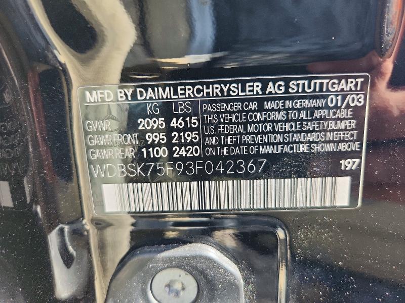 64290036 :رقم المزاد ، WDBSK75F93F042367 vin ، 2003 Mercedes-benz Sl مزاد بيع