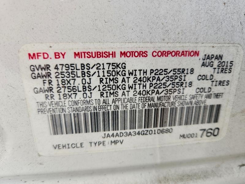 65085596 :رقم المزاد ، JA4AD3A34GZ010680 vin ، 2016 Mitsubishi Outlander مزاد بيع