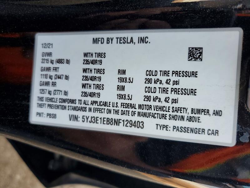 Aukcja sprzedaży 2022 Tesla Model 3, vin: 5YJ3E1EB8NF129403, numer aukcji: 63731356
