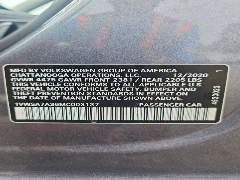 Auction sale of the 2021 Volkswagen Passat, vin: 1VWSA7A36MC003137, lot number: 65151936