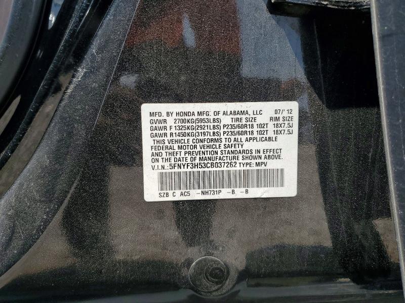 2012 Honda Pilot მანქანა იყიდება აუქციონზე, vin: 5FNYF3H53CB037262, აუქციონის ნომერი: 65954486