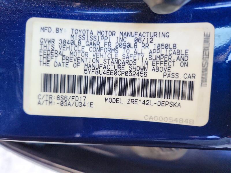 2012 Toyota Corolla მანქანა იყიდება აუქციონზე, vin: 5YFBU4EE0CP052456, აუქციონის ნომერი: 63598706