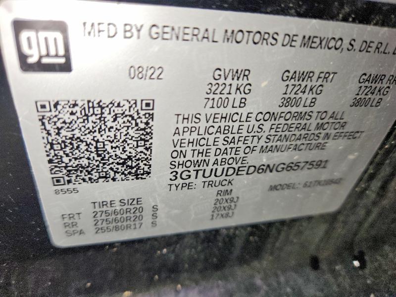 Aukcja sprzedaży 2022 Gmc Sierra, vin: 3GTUUDED6NG657591, numer aukcji: 64922646