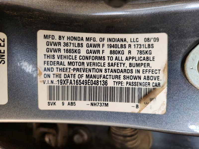 66755976 :رقم المزاد ، 19XFA16549E048136 vin ، 2009 Honda Civic مزاد بيع