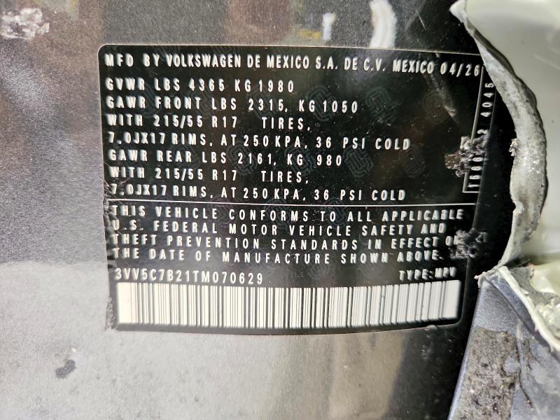 Aukcja sprzedaży 2026 Volkswagen Taos, vin: 3VV5C7B21TM070629, numer aukcji: 63591436