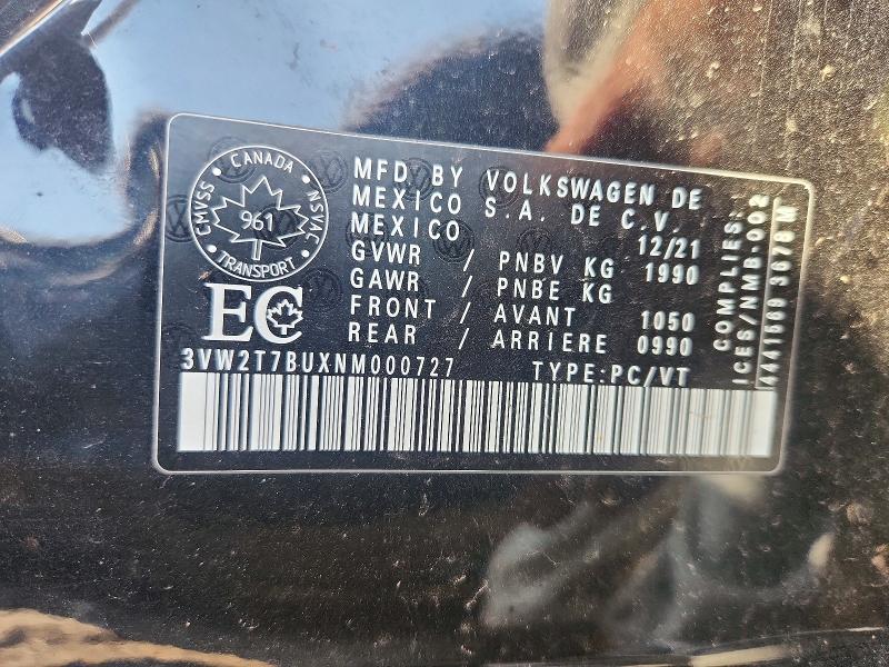 Aukcja sprzedaży 2022 Volkswagen Jetta, vin: 3VW2T7BUXNM000727, numer aukcji: 62941076