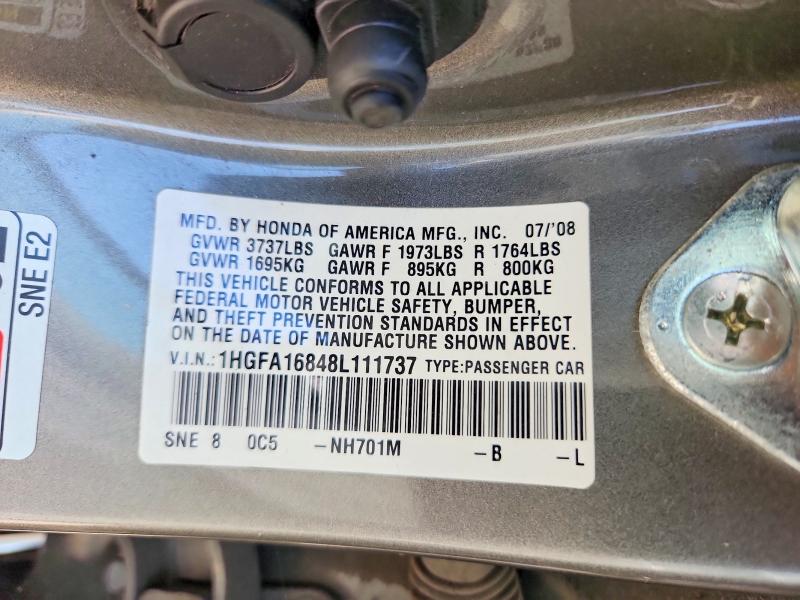 Продажа на аукционе авто 2008 Honda Civic, vin: 1HGFA16848L111737, номер лота: 61768986