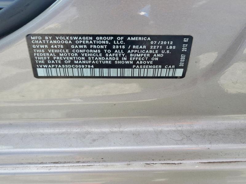 66187966 :رقم المزاد ، 1VWAP7A33DC009794 vin ، 2013 Volkswagen Passat مزاد بيع