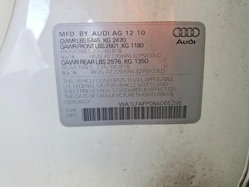 2011 Audi Q5 მანქანა იყიდება აუქციონზე, vin: WA1LFAFP0BA065296, აუქციონის ნომერი: 63649806