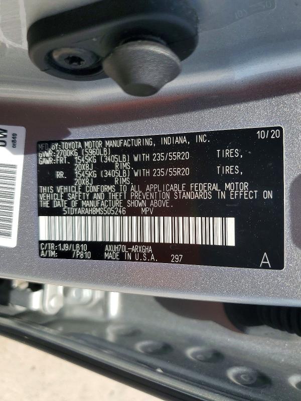 63995996 :رقم المزاد ، 5TDYARAH8MS505246 vin ، 2021 Toyota Highlander Hybrid مزاد بيع
