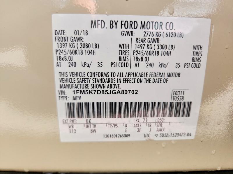 Aukcja sprzedaży 2018 Ford Explorer, vin: 1FM5K7D85JGA80702, numer aukcji: 65384786
