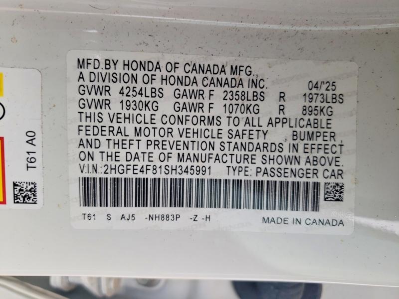 2025 Honda Civic მანქანა იყიდება აუქციონზე, vin: 2HGFE4F81SH345991, აუქციონის ნომერი: 66653656