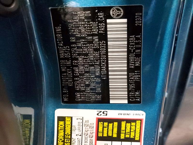 2025 Toyota Camry მანქანა იყიდება აუქციონზე, vin: 4T1DAACK2SU160325, აუქციონის ნომერი: 64816816