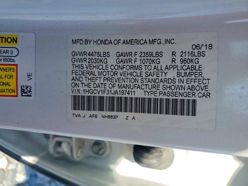 Продаж на аукціоні авто 2018 Honda Accord, vin: 1HGCV1F31JA197411, номер лоту: 65831136