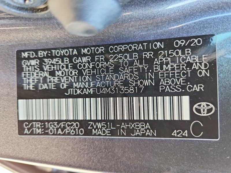 Aukcja sprzedaży 2021 Toyota Prius, vin: JTDKAMFU4M3135817, numer aukcji: 65595416