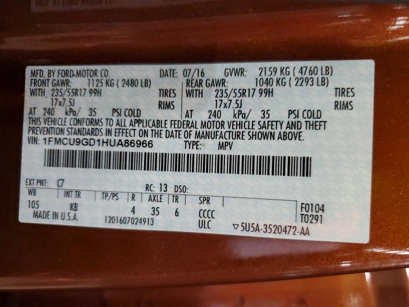 64777126 :رقم المزاد ، 1FMCU9GD1HUA86966 vin ، 2017 Ford Escape مزاد بيع