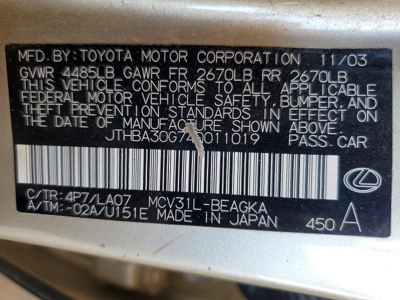 65571526 :رقم المزاد ، JTHBA30G740011019 vin ، 2004 Lexus Es مزاد بيع