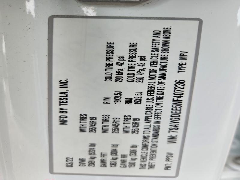2022 Tesla Model Y მანქანა იყიდება აუქციონზე, vin: 7SAYGDEE5NF407236, აუქციონის ნომერი: 63260476