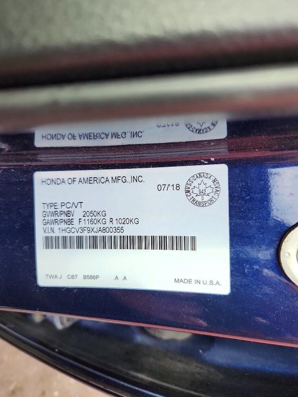 65513186 :رقم المزاد ، 1HGCV3F9XJA800355 vin ، 2018 Honda Accord مزاد بيع