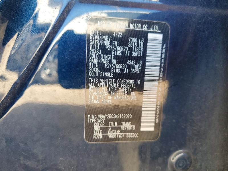64665776 :رقم المزاد ، JN8AY2BC3N9162020 vin ، 2022 Nissan Armada مزاد بيع