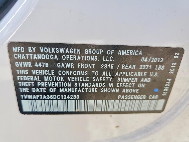 65407736 :رقم المزاد ، 1VWAP7A36DC124230 vin ، 2013 Volkswagen Passat مزاد بيع