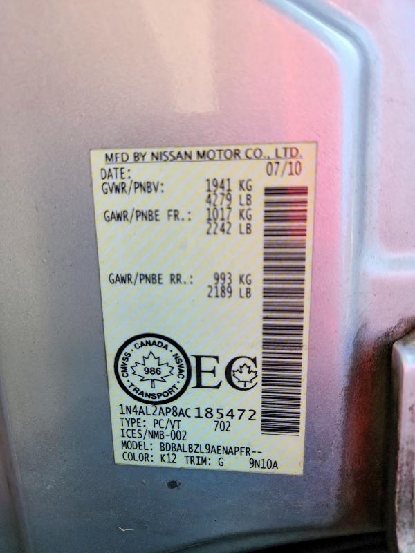 2010 Nissan Altima მანქანა იყიდება აუქციონზე, vin: 1N4AL2AP8AC185472, აუქციონის ნომერი: 65525916