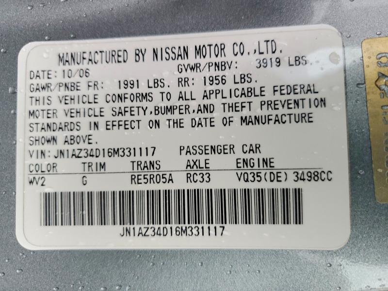 Aukcja sprzedaży 2006 Nissan 350z, vin: JN1AZ34D16M331117, numer aukcji: 64384716