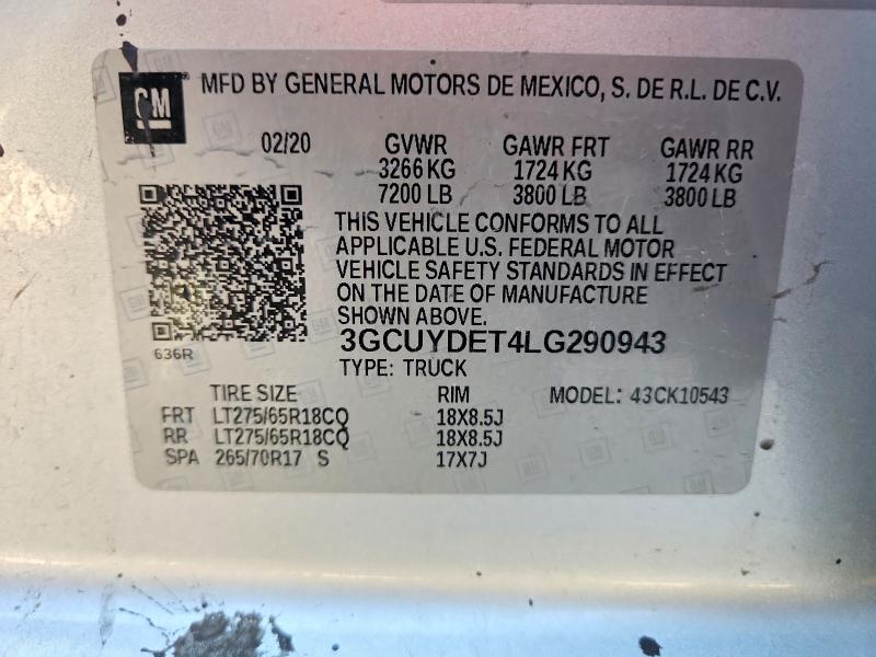 Продаж на аукціоні авто 2020 Chevrolet Silverado, vin: 3GCUYDET4LG290943, номер лоту: 64583976
