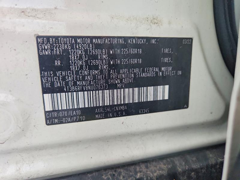 63111516 :رقم المزاد ، 4T3B6RFV8NU076373 vin ، 2022 Toyota Rav4 مزاد بيع