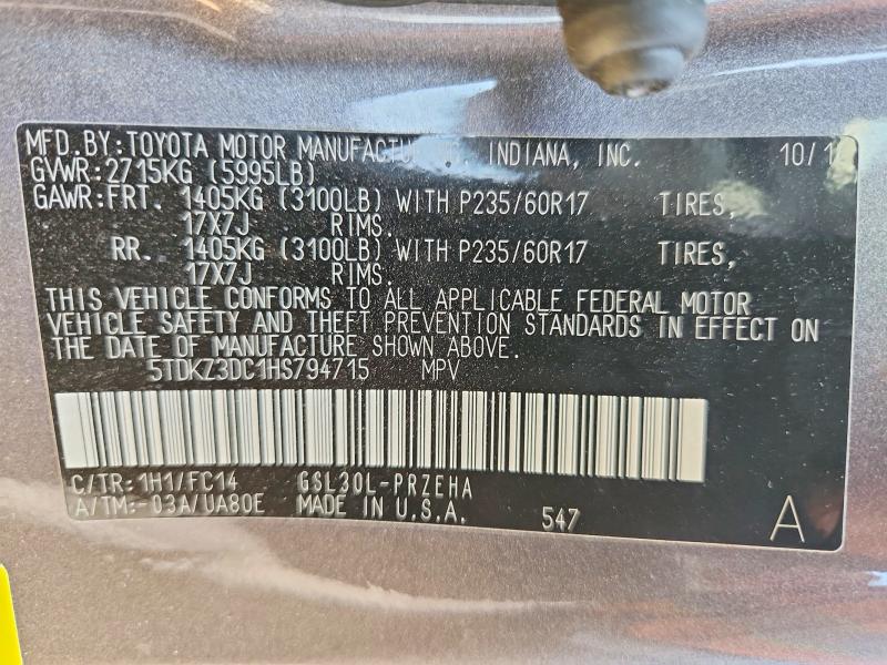Aukcja sprzedaży 2017 Toyota Sienna, vin: 5TDKZ3DC1HS794715, numer aukcji: 63538936