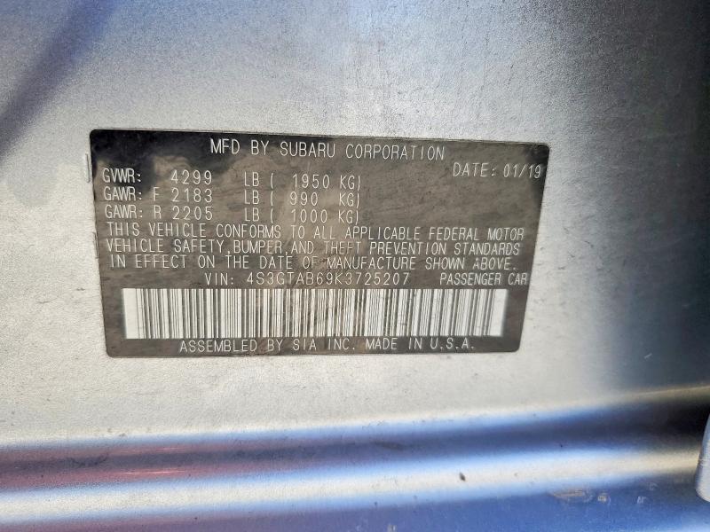 63853376 :رقم المزاد ، 4S3GTAB69K3725207 vin ، 2019 Subaru Impreza مزاد بيع