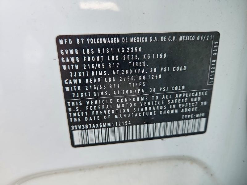 Продаж на аукціоні авто 2021 Volkswagen Tiguan, vin: 3VV3B7AX5MM112194, номер лоту: 66416266