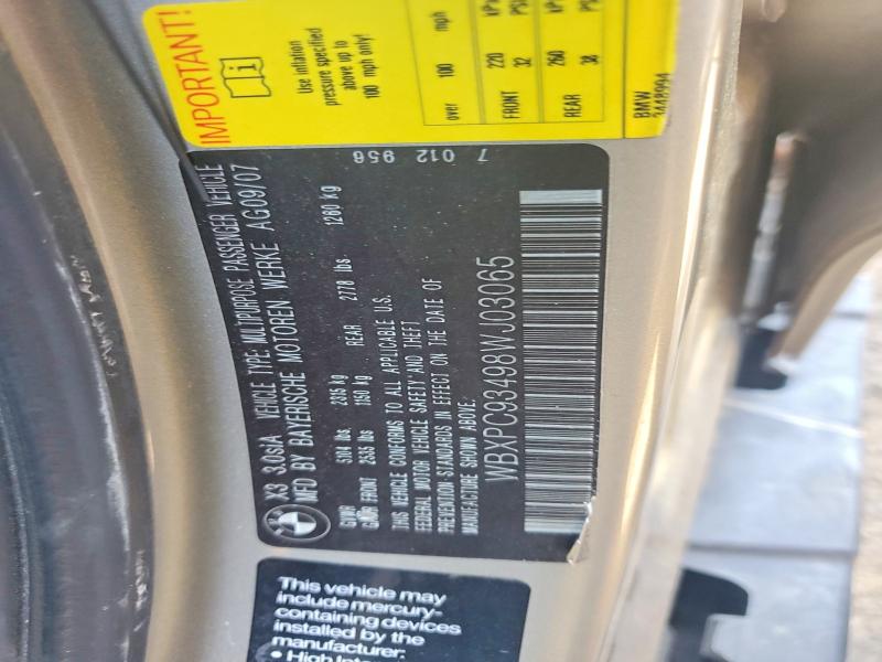 Aukcja sprzedaży 2008 Bmw X3, vin: WBXPC93498WJ03065, numer aukcji: 65392736