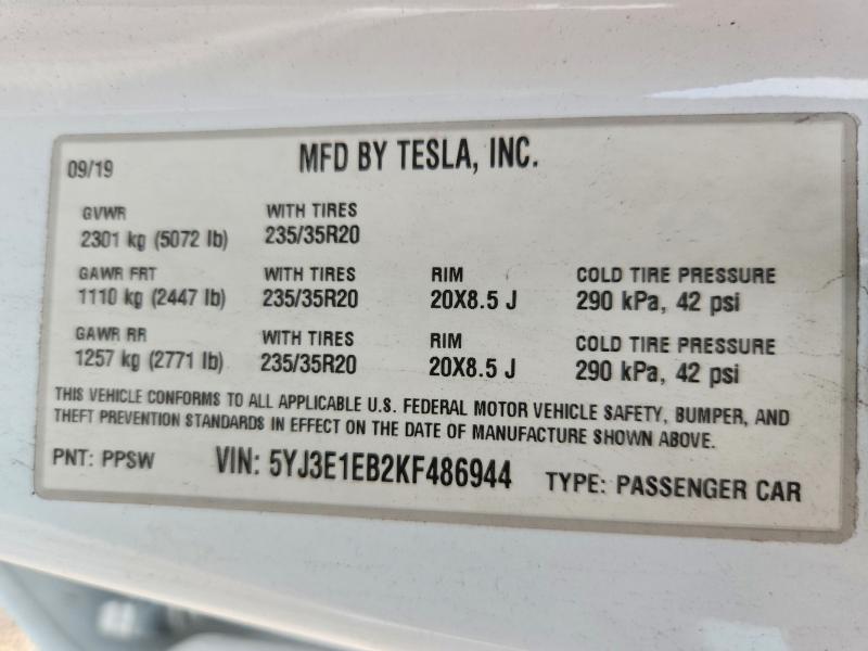 Aukcja sprzedaży 2019 Tesla Model 3, vin: 5YJ3E1EB2KF486944, numer aukcji: 62891886