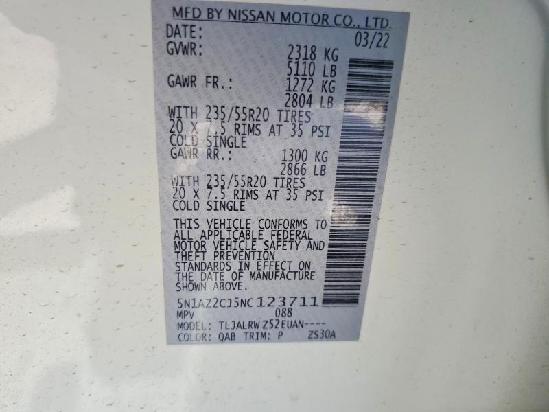 2022 Nissan Murano მანქანა იყიდება აუქციონზე, vin: 5N1AZ2CJ5NC123711, აუქციონის ნომერი: 65538186
