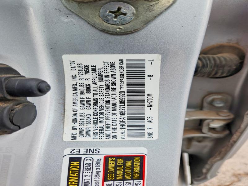 64285356 :رقم المزاد ، 1HGFA16527L059920 vin ، 2007 Honda Civic مزاد بيع