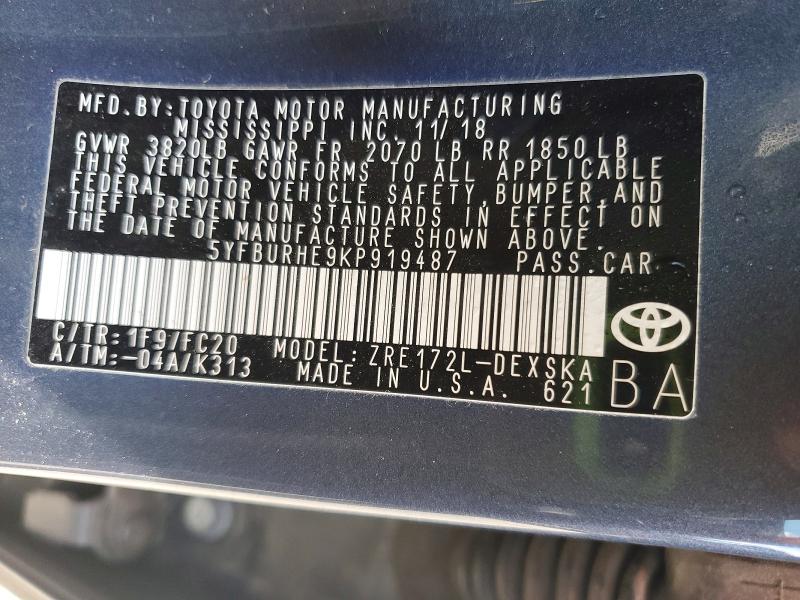 Aukcja sprzedaży 2019 Toyota Corolla, vin: 5YFBURHE9KP919487, numer aukcji: 65851076