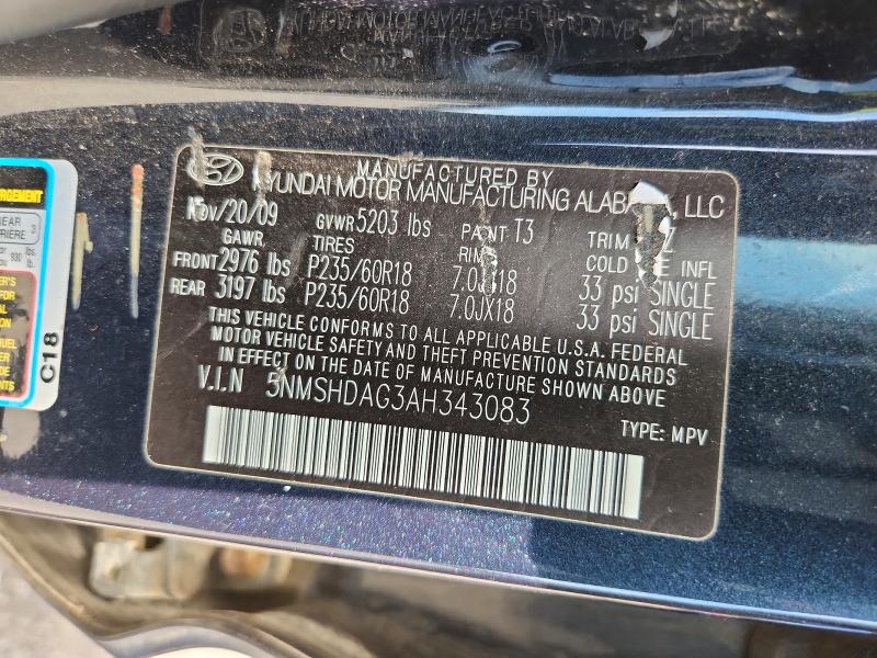Aukcja sprzedaży 2010 Hyundai Santa Fe, vin: 5NMSHDAG3AH343083, numer aukcji: 63908576