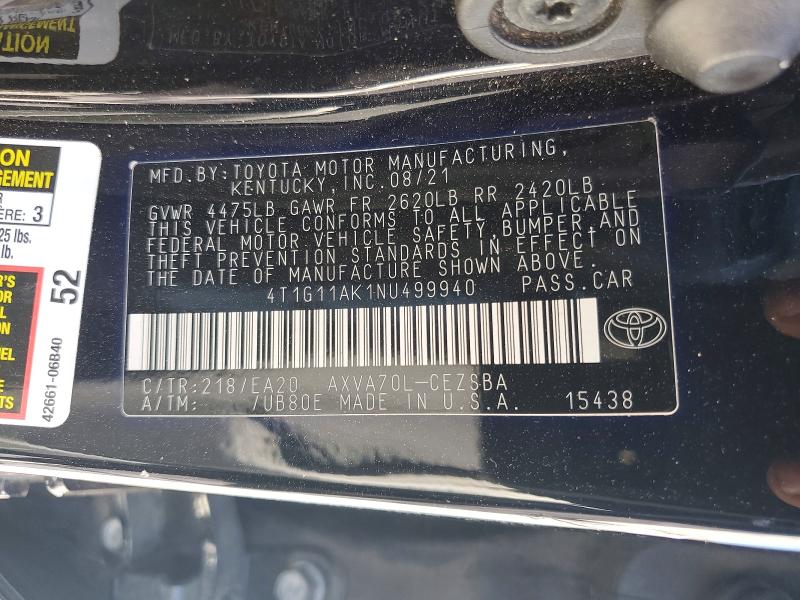 Продаж на аукціоні авто 2022 Toyota Camry, vin: 4T1G11AK1NU499940, номер лоту: 63667736